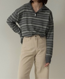 random border polo like over knit / ランダムボーダーポロライクオーバーニット