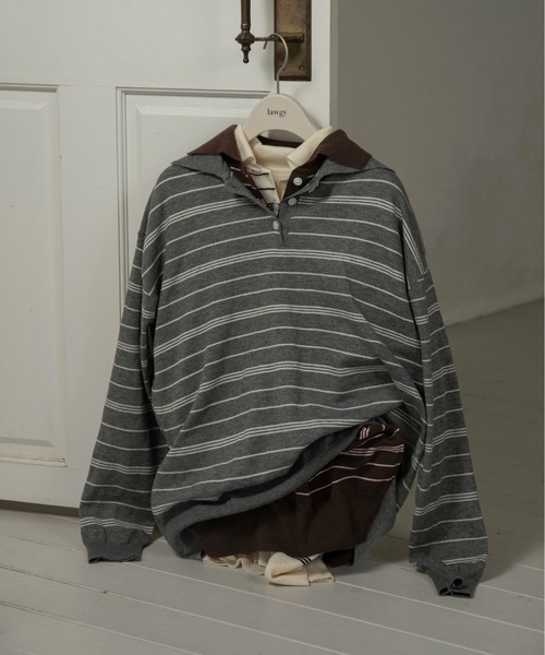 lawgy(ラウジー)の「random border polo like over knit / ランダムボーダーポロライクオーバーニット(ニット/セーター・レディース・ホワイト/ブラウン/グレー・FREE)」の4枚目の写真