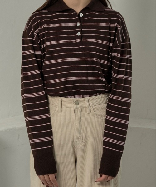 lawgy(ラウジー)の「random border polo like over knit / ランダムボーダーポロライクオーバーニット(ニット/セーター・レディース・ホワイト/ブラウン/グレー・FREE)」の6枚目の写真