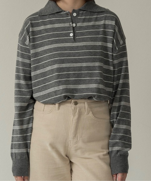 lawgy(ラウジー)の「random border polo like over knit / ランダムボーダーポロライクオーバーニット(ニット/セーター・レディース・ホワイト/ブラウン/グレー・FREE)」の7枚目の写真