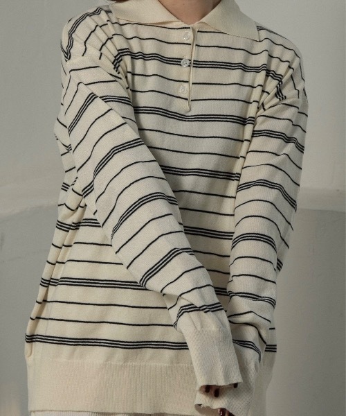 lawgy(ラウジー)の「random border polo like over knit / ランダムボーダーポロライクオーバーニット(ニット/セーター・レディース・ホワイト/ブラウン/グレー・FREE)」の5枚目の写真