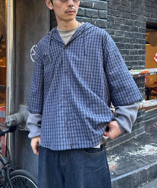 CIAOPANIC（チャオパニック）の「ワッフル袖切替ルーズシャツパーカー（シャツ/ブラウス・レディース・サックスブルー/カーキ/ネイビー・MEDIUM/LARGE）」の3枚目の写真