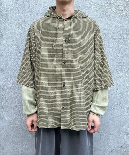 CIAOPANIC（チャオパニック）の「ワッフル袖切替ルーズシャツパーカー（シャツ/ブラウス・レディース・サックスブルー/カーキ/ネイビー・MEDIUM/LARGE）」の10枚目の写真