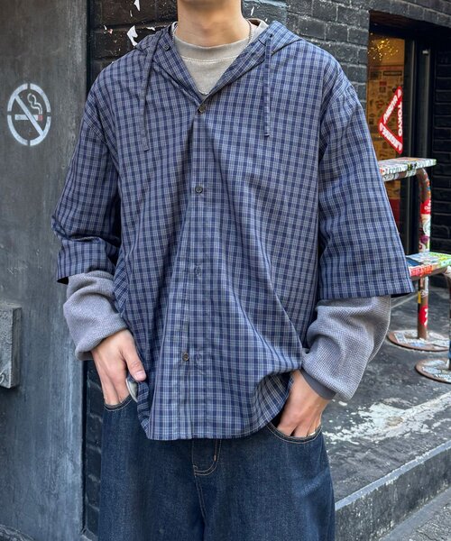 CIAOPANIC（チャオパニック）の「ワッフル袖切替ルーズシャツパーカー（シャツ/ブラウス・レディース・サックスブルー/カーキ/ネイビー・MEDIUM/LARGE）」の18枚目の写真