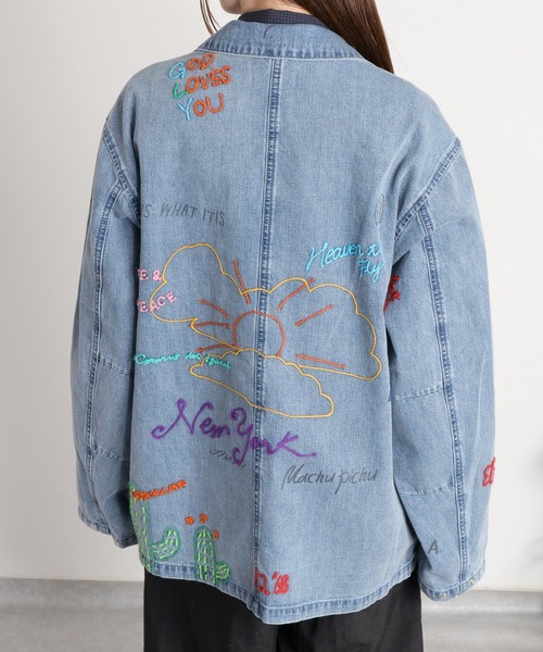 cepo（セポ）の「ラクガキアート刺繍＆プリント デニムカバーオール〈ユニセックス〉（デニムジャケット・レディース・ワンウォッシュ/ライトインディゴブルー・M）」の19枚目の写真