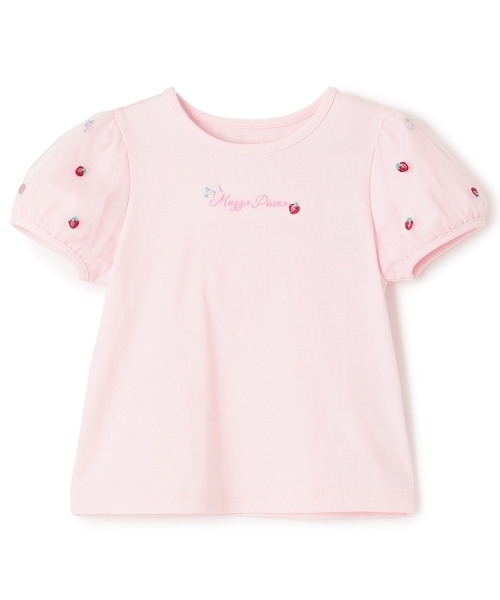 mezzo piano(メゾピアノ)の「イチゴ刺しゅうチュール袖 Tシャツ(Tシャツ/カットソー・キッズ・ピンク/オフホワイト・120cm/110cm/100cm/90cm)」の2枚目の写真