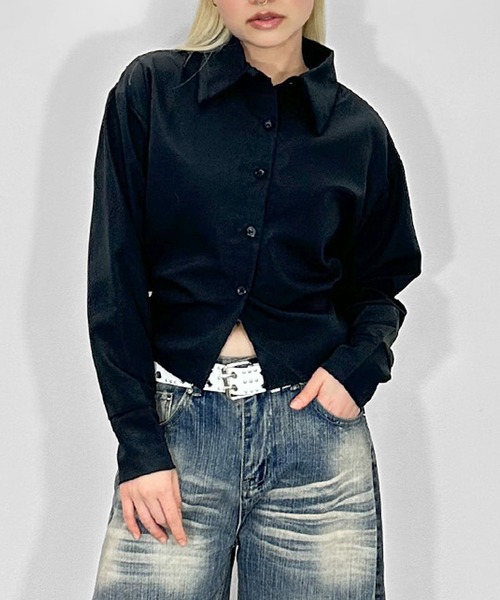 ショート丈 長袖 韓国 黒 バックショートデザインシャツ 長袖 バック 