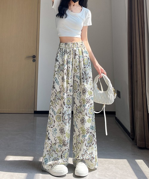 Songe（ソンジュ）の「ハイウエスト総柄ワイドパンツ（その他パンツ・レディース・ブラック系/ブラック系1/グリーン/グレー・FREE）」の4枚目の写真