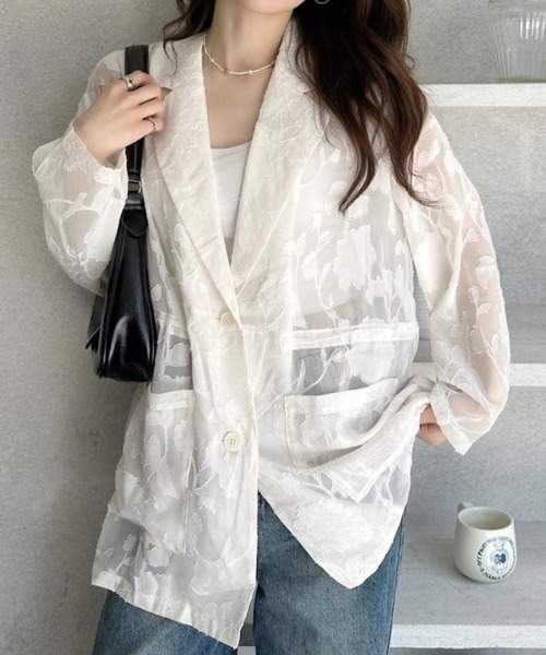 umune(ウムネ)の「シアーブルゾン ジャガード 楊柳 シースルー ジャケット アウター ライトアウター 羽織り ノーカラー 透け感 薄手 秋冬(テーラードジャケット・レディース・アイボリー/ライトブルー/ブラック・FREE)」の2枚目の写真