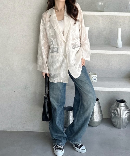 umune(ウムネ)の「シアーブルゾン ジャガード 楊柳 シースルー ジャケット アウター ライトアウター 羽織り ノーカラー 透け感 薄手 秋冬(テーラードジャケット・レディース・アイボリー/ライトブルー/ブラック・FREE)」の5枚目の写真