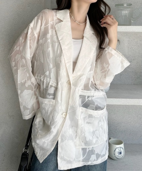 umune(ウムネ)の「シアーブルゾン ジャガード 楊柳 シースルー ジャケット アウター ライトアウター 羽織り ノーカラー 透け感 薄手 秋冬(テーラードジャケット・レディース・アイボリー/ライトブルー/ブラック・FREE)」の6枚目の写真