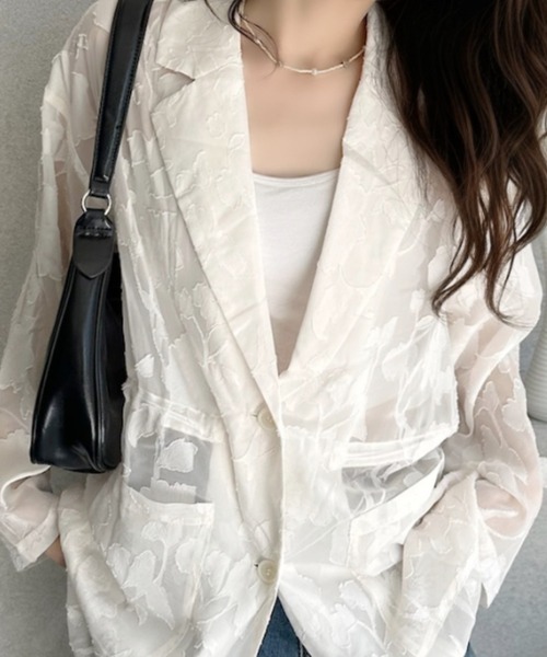umune(ウムネ)の「シアーブルゾン ジャガード 楊柳 シースルー ジャケット アウター ライトアウター 羽織り ノーカラー 透け感 薄手 秋冬(テーラードジャケット・レディース・アイボリー/ライトブルー/ブラック・FREE)」の7枚目の写真