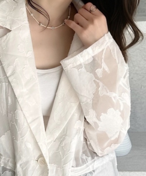 umune(ウムネ)の「シアーブルゾン ジャガード 楊柳 シースルー ジャケット アウター ライトアウター 羽織り ノーカラー 透け感 薄手 秋冬(テーラードジャケット・レディース・アイボリー/ライトブルー/ブラック・FREE)」の16枚目の写真