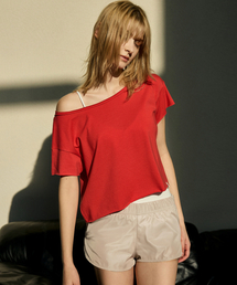 ワンショルダー ルーズフィット 半袖Tシャツ DEVI-T0145-レッド