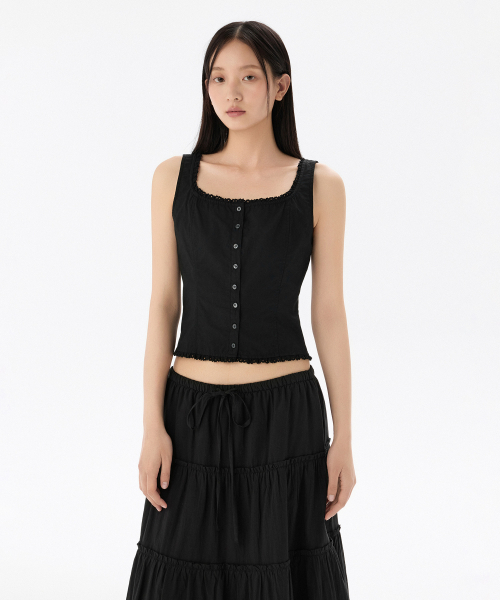 MUSINSA STANDARD WOMAN（ムシンサスタンダードウーマン）の「ウーマンズレーストリムボタンスリーブレストップ[ブラック]（Tシャツ/カットソー・レディース・その他・X-SMALL/SMALL/MEDIUM/LARGE）」の3枚目の写真