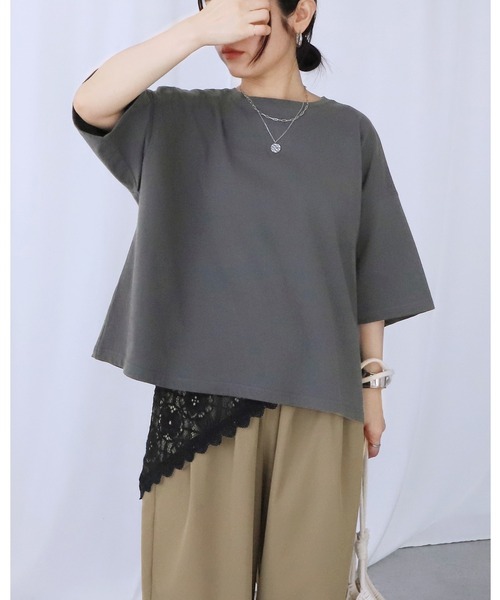 reca(レカ)の「レーススカーフ付き五分袖Tシャツ(Tシャツ/カットソー・レディース・チャコールグレー/ホワイト系その他・FREE)」の2枚目の写真