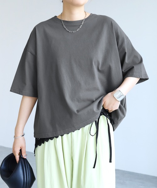 reca(レカ)の「レーススカーフ付き五分袖Tシャツ(Tシャツ/カットソー・レディース・チャコールグレー/ホワイト系その他・FREE)」の6枚目の写真