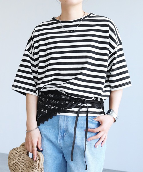reca(レカ)の「レーススカーフ付き五分袖Tシャツ(Tシャツ/カットソー・レディース・チャコールグレー/ホワイト系その他・FREE)」の11枚目の写真