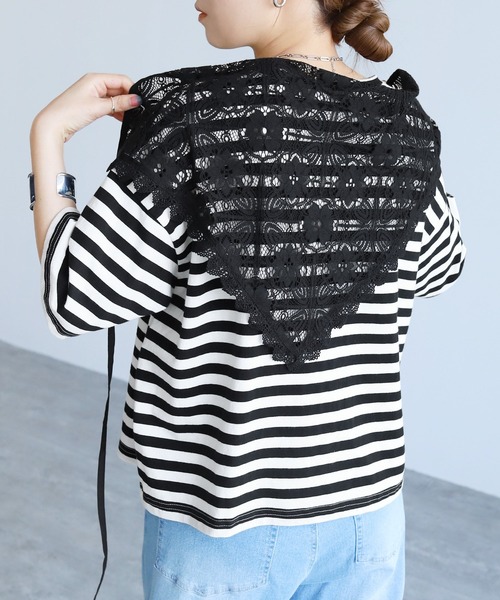 reca(レカ)の「レーススカーフ付き五分袖Tシャツ(Tシャツ/カットソー・レディース・チャコールグレー/ホワイト系その他・FREE)」の8枚目の写真