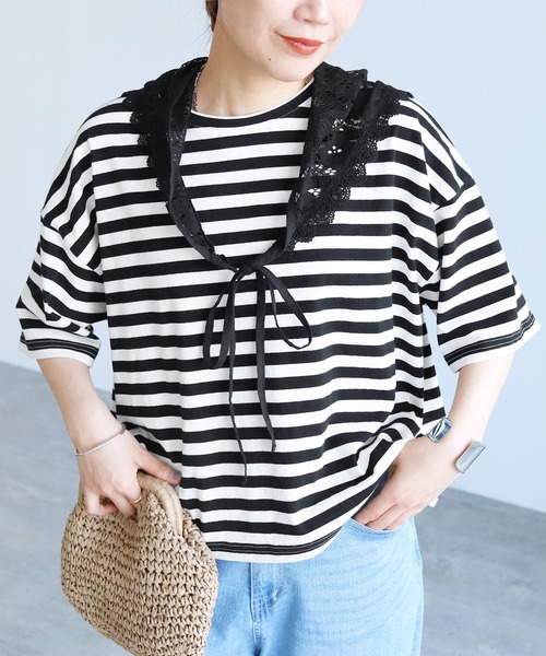 reca(レカ)の「レーススカーフ付き五分袖Tシャツ(Tシャツ/カットソー・レディース・チャコールグレー/ホワイト系その他・FREE)」の7枚目の写真
