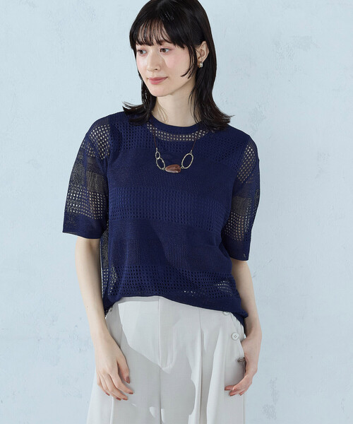COMME CA ISM（コムサイズム）の「【セットアイテム】透かし編み ボーダープルオーバー＋タンクトップ（ニット/セーター・レディース・オフホワイト/ネイビー/オレンジ・FREE）」の5枚目の写真