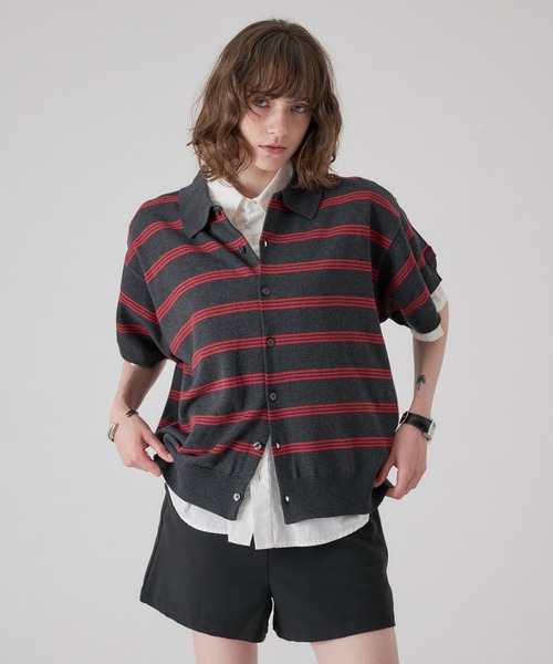 ONCILY(オンシェリー)の「MELLOW BORDER KNIT SHIRT / メロウボーダーニットシャツ(シャツ/ブラウス・メンズ・グレー系その他/チャコールグレー・SMALL/MEDIUM/LARGE)」の2枚目の写真