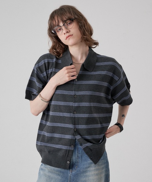 ONCILY(オンシェリー)の「MELLOW BORDER KNIT SHIRT / メロウボーダーニットシャツ(シャツ/ブラウス・メンズ・グレー系その他/チャコールグレー・SMALL/MEDIUM/LARGE)」の1枚目の写真