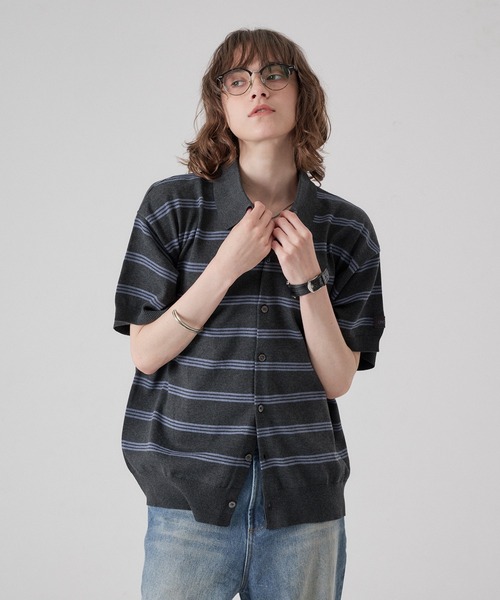 ONCILY(オンシェリー)の「MELLOW BORDER KNIT SHIRT / メロウボーダーニットシャツ(シャツ/ブラウス・メンズ・グレー系その他/チャコールグレー・SMALL/MEDIUM/LARGE)」の3枚目の写真
