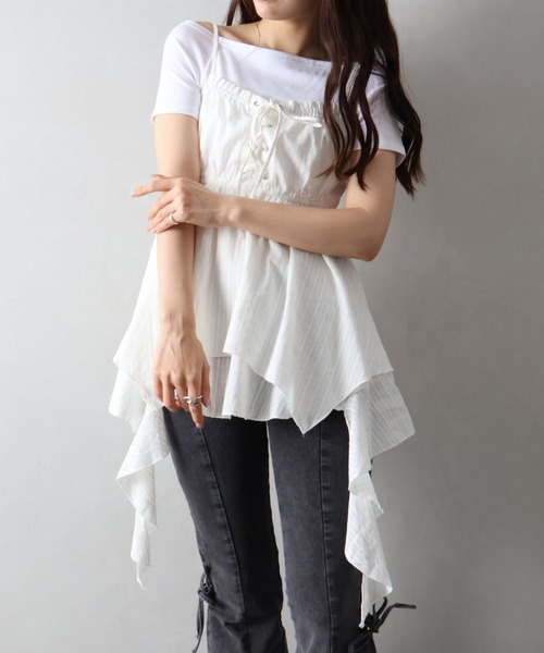 SpRay(スプレイ)の「【涼しげ透け感/レイヤード◎】カラミレースヘムキャミチュニック(チュニック・レディース・ブラック/オフホワイト・FREE)」の16枚目の写真