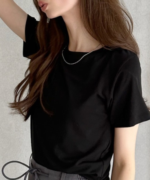 umune(ウムネ)の「クロップド丈 Tシャツ 半袖 ショート丈 カットソー 無地 クルーネック トップス スッキリ見え カジュアル 夏(Tシャツ/カットソー・レディース・杢グレー/ブラック/オフホワイト・FREE)」の10枚目の写真