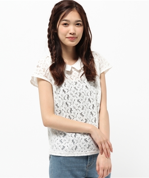 earth music&ecology（アースミュージックアンドエコロジー）の「【2016Summer】衿付きレースプルオーバー（Tシャツ/カットソー・レディース・オフホワイト/ブラック/ピンクベージュ/ネイビー・FREE）」の7枚目の写真
