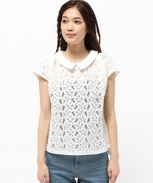 earth music&ecology（アースミュージックアンドエコロジー）の「【2016Summer】衿付きレースプルオーバー（Tシャツ/カットソー・レディース・オフホワイト/ブラック/ピンクベージュ/ネイビー・FREE）」の5枚目の写真