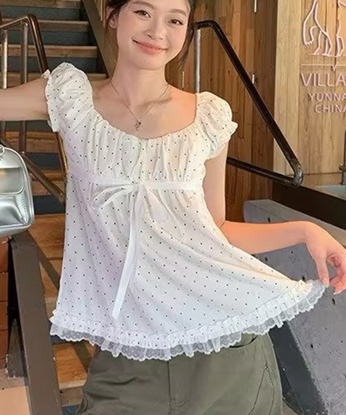 AsheKsha（アシクシャ）の「水玉模様のスクエアカラーリボンに小さなフライスリーブトップ（シャツ/ブラウス・レディース・ホワイト・M）」の5枚目の写真