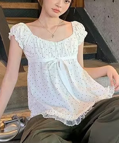 AsheKsha（アシクシャ）の「水玉模様のスクエアカラーリボンに小さなフライスリーブトップ（シャツ/ブラウス・レディース・ホワイト・M）」の6枚目の写真