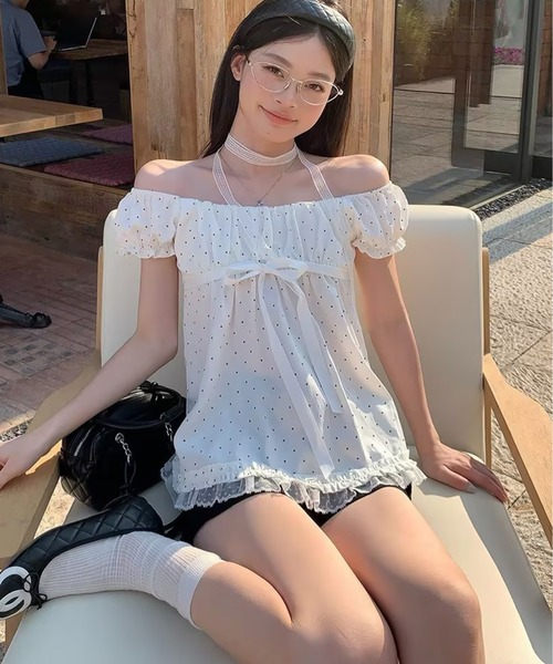 AsheKsha（アシクシャ）の「水玉模様のスクエアカラーリボンに小さなフライスリーブトップ（シャツ/ブラウス・レディース・ホワイト・M）」の8枚目の写真