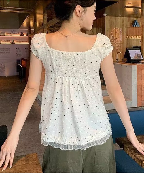 AsheKsha（アシクシャ）の「水玉模様のスクエアカラーリボンに小さなフライスリーブトップ（シャツ/ブラウス・レディース・ホワイト・M）」の9枚目の写真