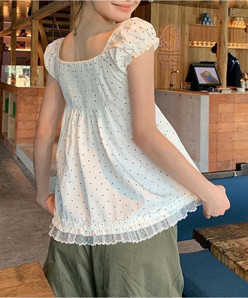 AsheKsha（アシクシャ）の「水玉模様のスクエアカラーリボンに小さなフライスリーブトップ（シャツ/ブラウス・レディース・ホワイト・M）」の10枚目の写真