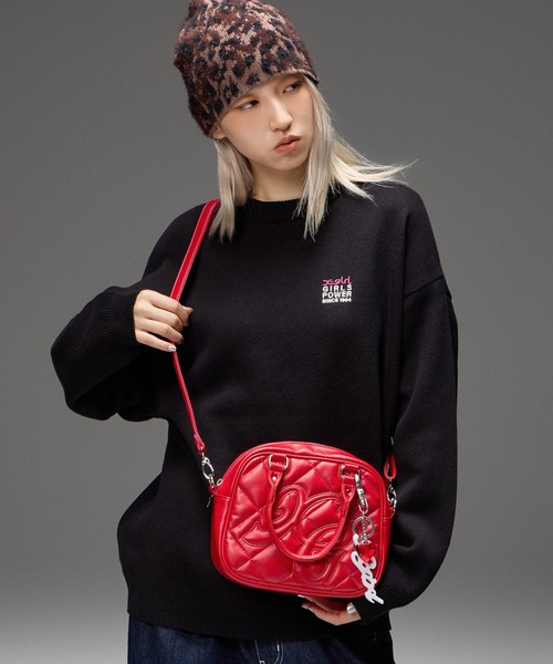 X-girl（エックスガール）の「BOX LOGO AND FACE JACQUARD KNIT TOP（ニット/セーター・レディース・アッシュ/ブラック・ONE SIZE）」の4枚目の写真