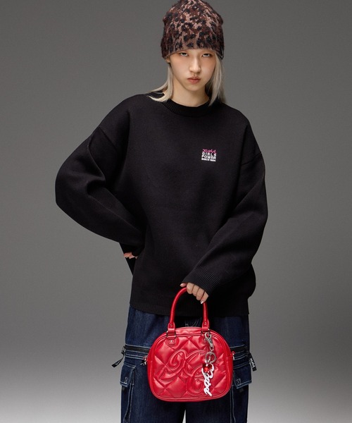 X-girl（エックスガール）の「BOX LOGO AND FACE JACQUARD KNIT TOP（ニット/セーター・レディース・アッシュ/ブラック・ONE SIZE）」の5枚目の写真