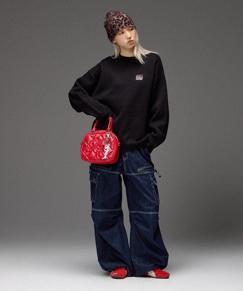 X-girl（エックスガール）の「BOX LOGO AND FACE JACQUARD KNIT TOP（ニット/セーター・レディース・アッシュ/ブラック・ONE SIZE）」の8枚目の写真