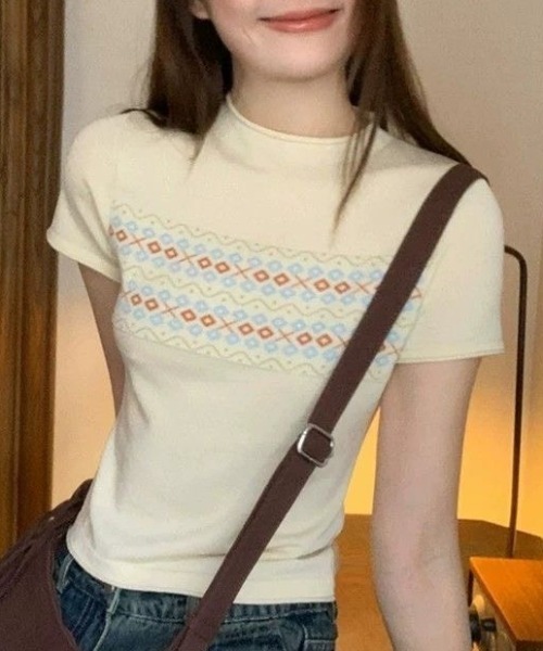 AVYL(アヴィル)の「ジャガード切替 コンパクトニットTシャツ(Tシャツ/カットソー・レディース・ブラック/アイボリー・M)」の2枚目の写真