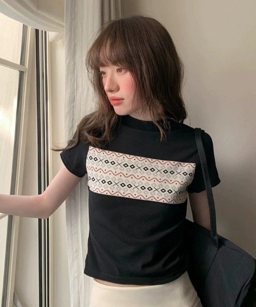 AVYL(アヴィル)の「ジャガード切替 コンパクトニットTシャツ(Tシャツ/カットソー・レディース・ブラック/アイボリー・M)」の18枚目の写真