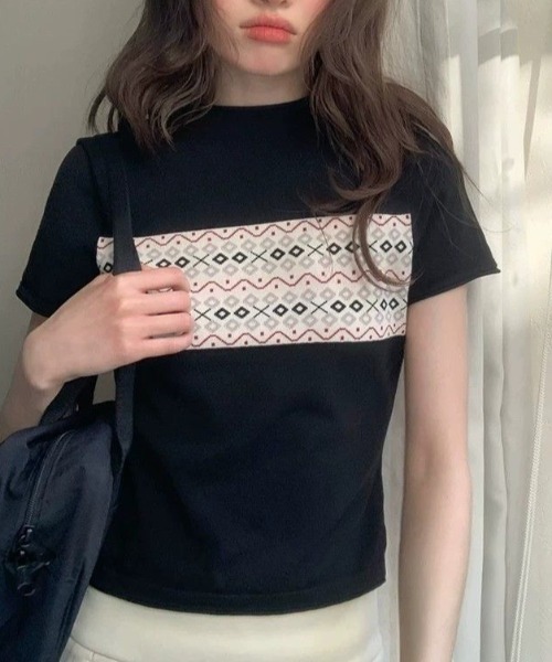 AVYL(アヴィル)の「ジャガード切替 コンパクトニットTシャツ(Tシャツ/カットソー・レディース・ブラック/アイボリー・M)」の13枚目の写真