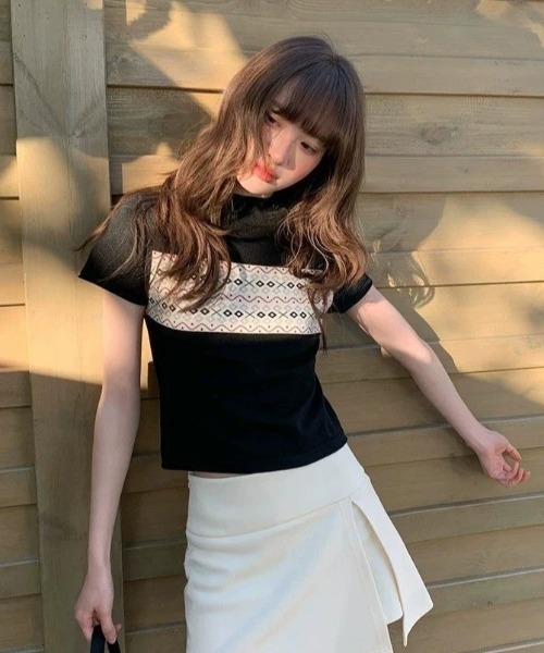 AVYL(アヴィル)の「ジャガード切替 コンパクトニットTシャツ(Tシャツ/カットソー・レディース・ブラック/アイボリー・M)」の19枚目の写真