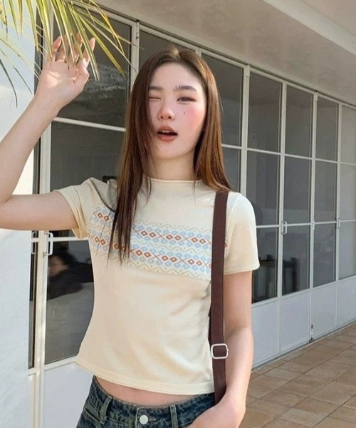 AVYL(アヴィル)の「ジャガード切替 コンパクトニットTシャツ(Tシャツ/カットソー・レディース・ブラック/アイボリー・M)」の7枚目の写真
