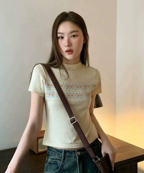 AVYL(アヴィル)の「ジャガード切替 コンパクトニットTシャツ(Tシャツ/カットソー・レディース・ブラック/アイボリー・M)」の14枚目の写真