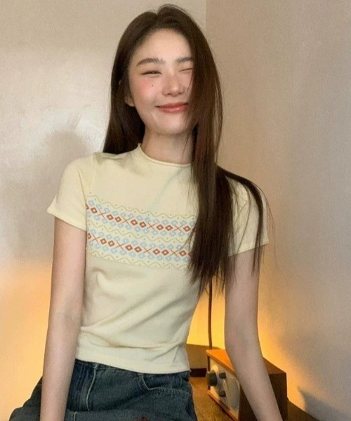 AVYL(アヴィル)の「ジャガード切替 コンパクトニットTシャツ(Tシャツ/カットソー・レディース・ブラック/アイボリー・M)」の9枚目の写真