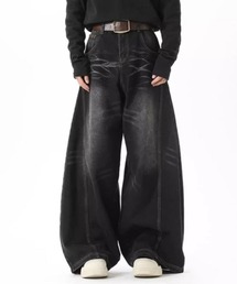 【26年秋冬新作アイテム】【バックゴム】ウォッシュ加工デザインバルーンデニムパンツ