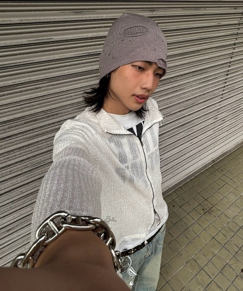 Chikashitsu +（チカシツプラス）の「【Chikashitsu +】clay net zip-up jacket / 【チカシツプラス】クレイネットシアージップアップジャケット（カーディガン/ボレロ・メンズ・ブラック/グレー/アイボリー・ONE SIZE）」の5枚目の写真