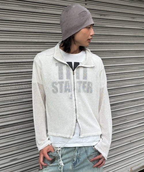 Chikashitsu +（チカシツプラス）の「【Chikashitsu +】clay net zip-up jacket / 【チカシツプラス】クレイネットシアージップアップジャケット（カーディガン/ボレロ・メンズ・ブラック/グレー/アイボリー・ONE SIZE）」の7枚目の写真